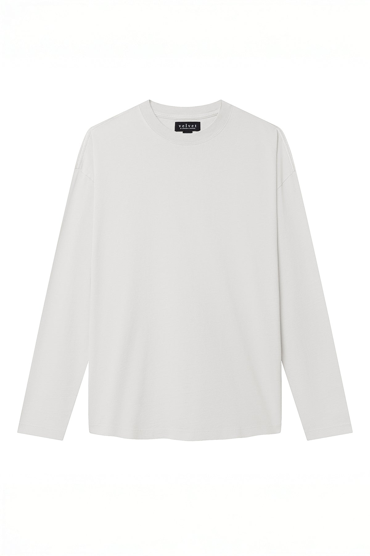 The SLATER TEE by Velvet by Graham & Spencer is a unisex long-sleeve shirt in light gray, featuring a ribbed crew neckline and crafted from soft Pima cotton jersey, showcased against a white background.-39030827417793