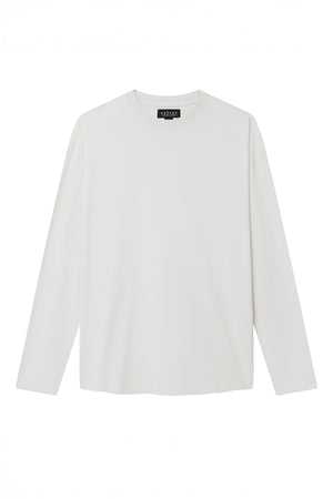 The SLATER TEE by Velvet by Graham & Spencer is a unisex long-sleeve shirt in light gray, featuring a ribbed crew neckline and crafted from soft Pima cotton jersey, showcased against a white background.