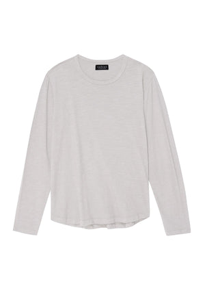 A plain, long-sleeve light gray shirt on a white background, featuring a classic crew neckline and labeled with