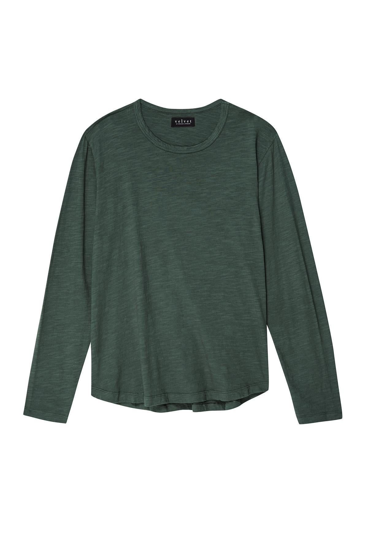 The KAI TEE by Velvet by Graham & Spencer is a plain, long-sleeved dark green crew neck t-shirt shown against a white background.-39939196354753