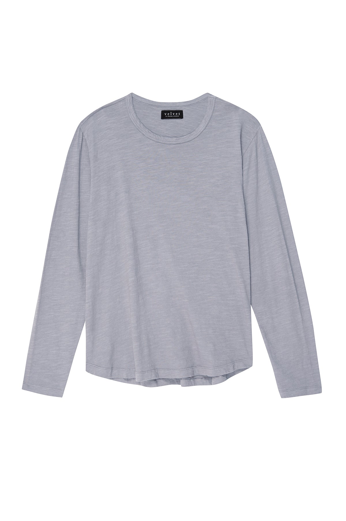 The KAI TEE by Velvet by Graham & Spencer is a soft Peruvian cotton long-sleeve gray shirt with a classic crew neckline, set against a white background.