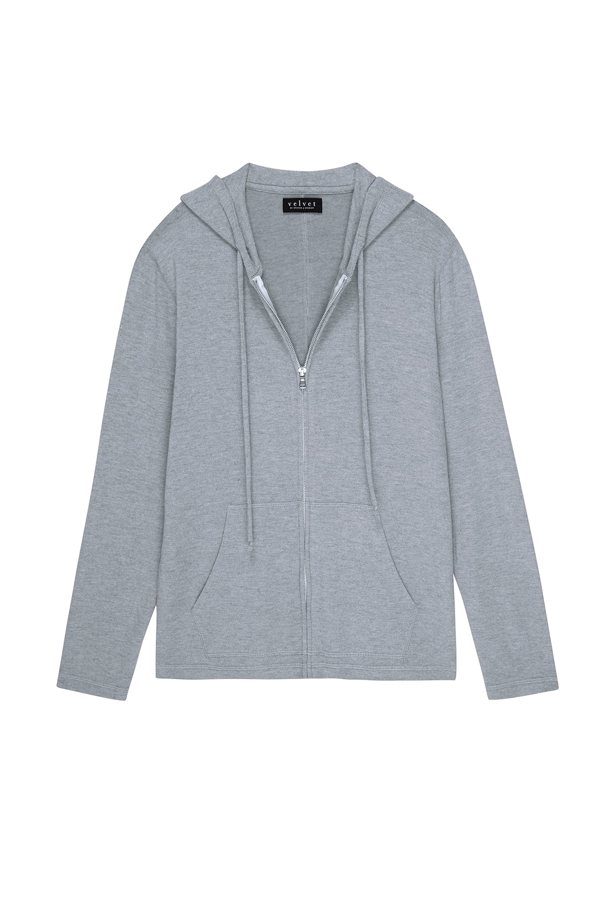 The LOUDON HOODIE by Velvet by Graham & Spencer is a light gray, relaxed-fit, full-zip jersey hoodie with front pockets and a drawstring hood, shown on a plain white background.