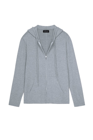 The LOUDON HOODIE by Velvet by Graham & Spencer is a light gray, relaxed-fit, full-zip jersey hoodie with front pockets and a drawstring hood, shown on a plain white background.