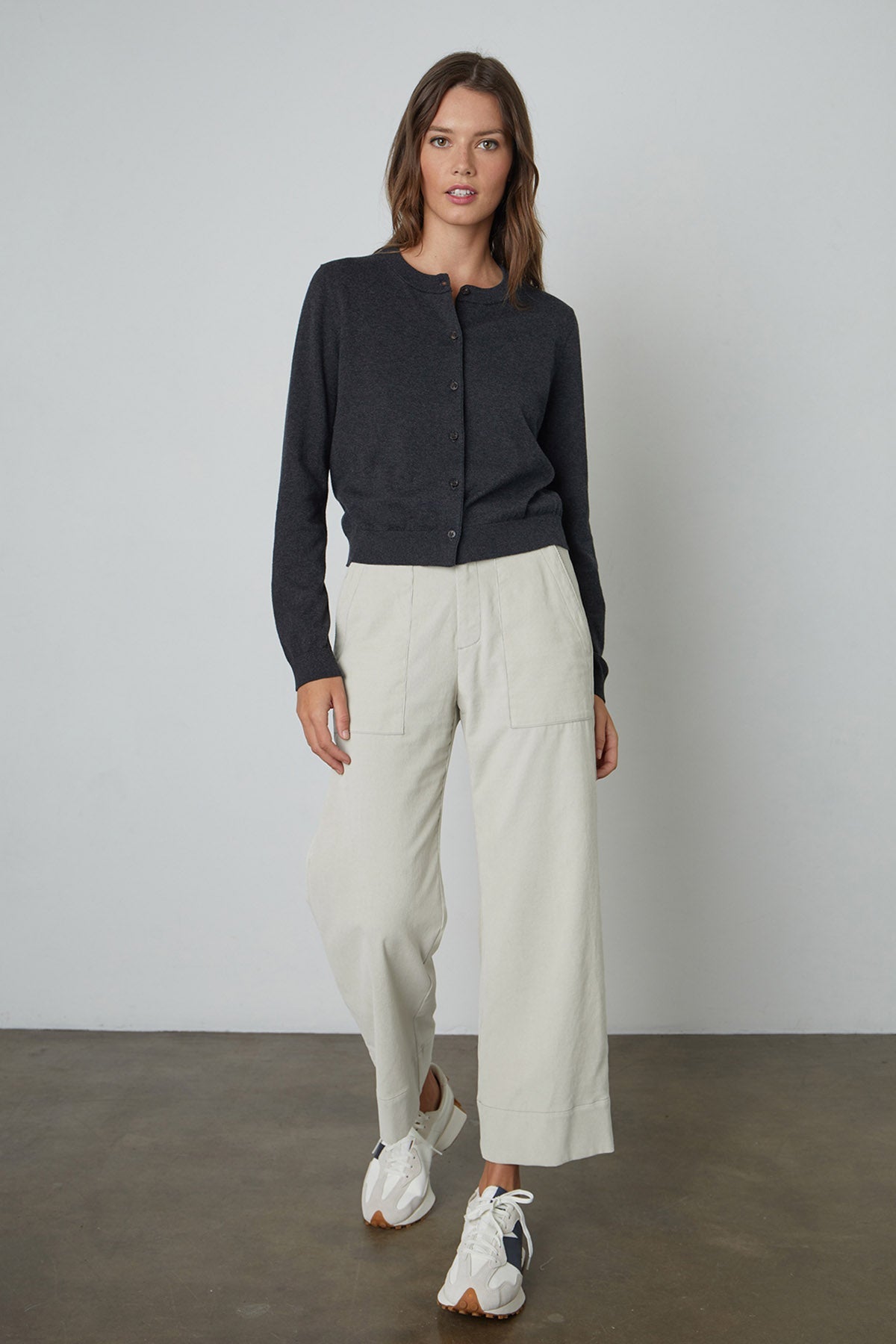 Mandie Cardigan in Cinder and Vera Pants in Ecru Front
