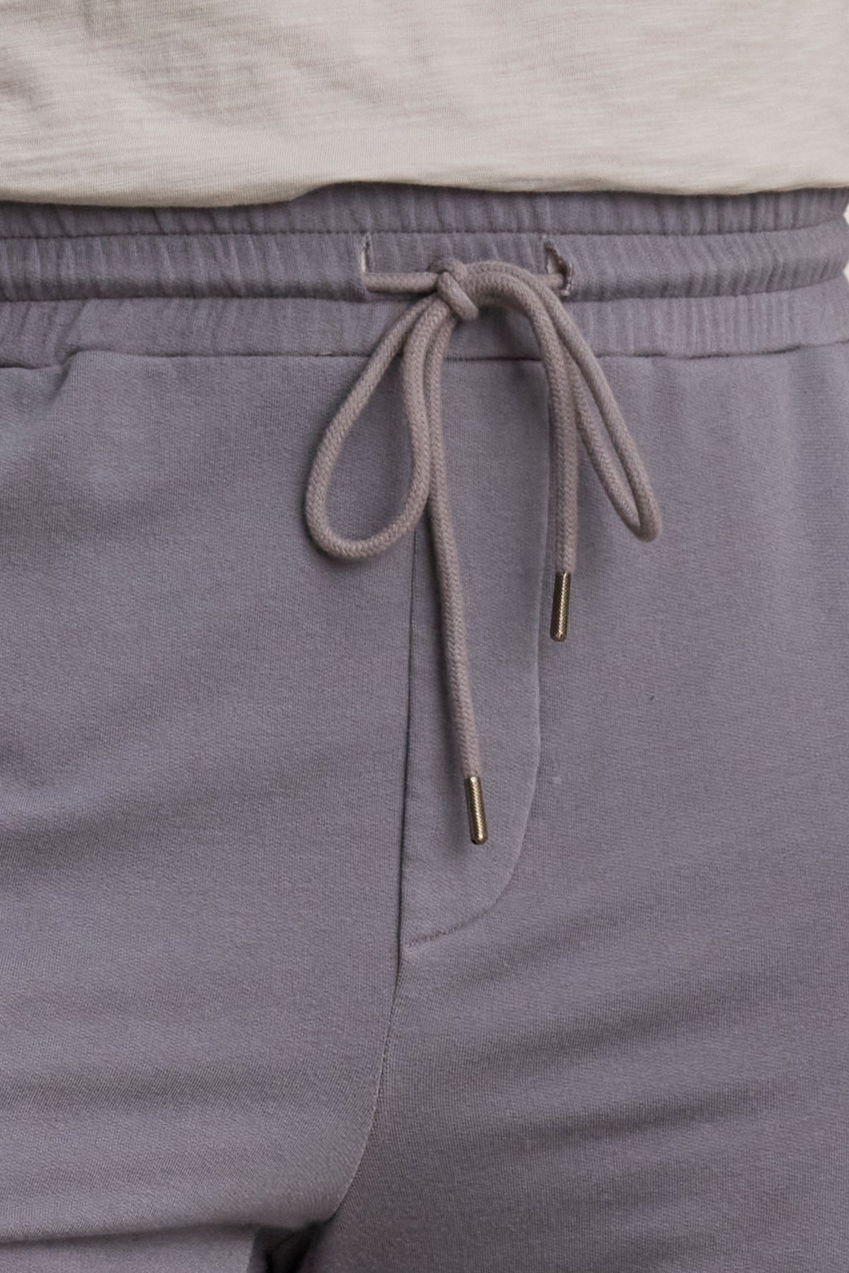 Close-up of a person wearing the Velvet by Graham & Spencer CROSBY JOGGER in light gray luxe fleece with a drawstring, paired with a white shirt.