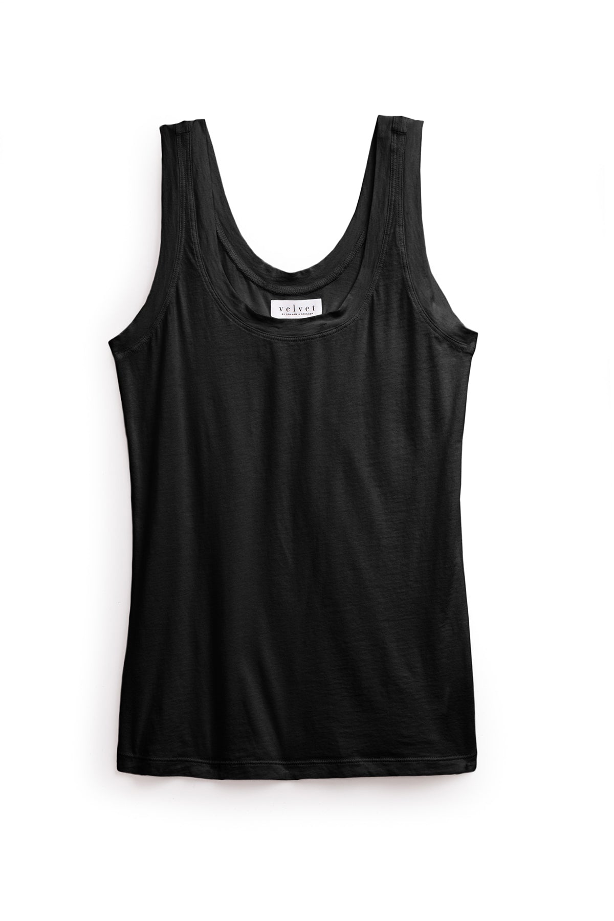 MOSSY TANK TOP by Velvet by Graham & Spencer, a black sleeveless top with a scoop neckline displayed against a white background. This versatile wardrobe addition features a fitted silhouette, making it both stylish and comfortable.-37941452538049
