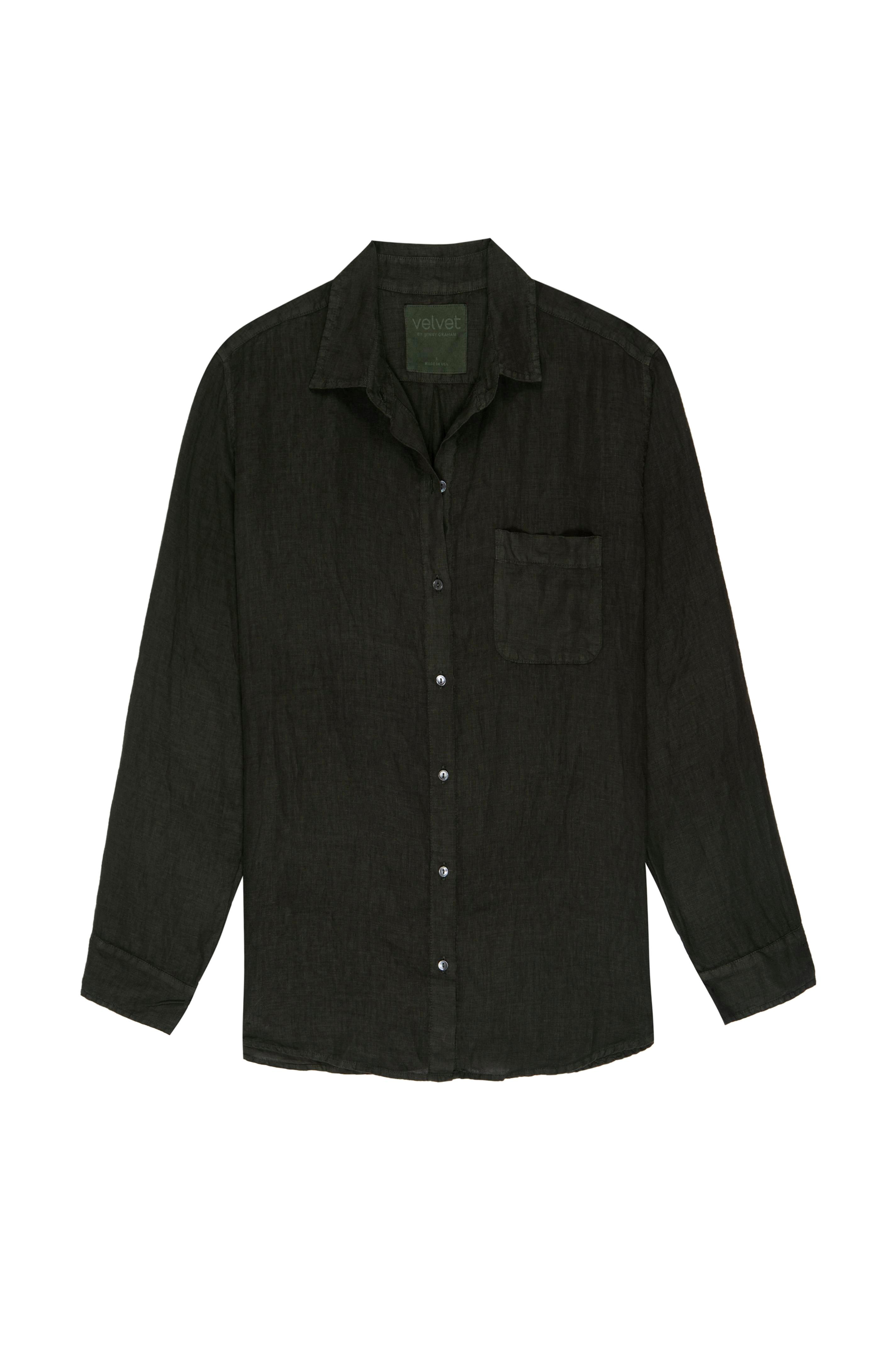 A MULHOLLAND SHIRT by Velvet by Jenny Graham, a black linen button up shirt with a button down collar and relaxed silhouette.