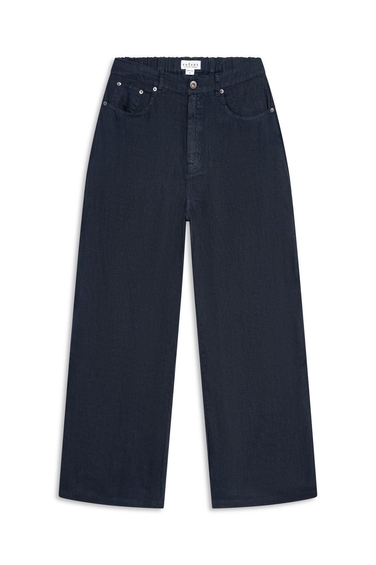Dark blue wide-leg NATALIE LINEN PANT with an elastic waistband, button fly, and five-pocket styling.-46422215622849