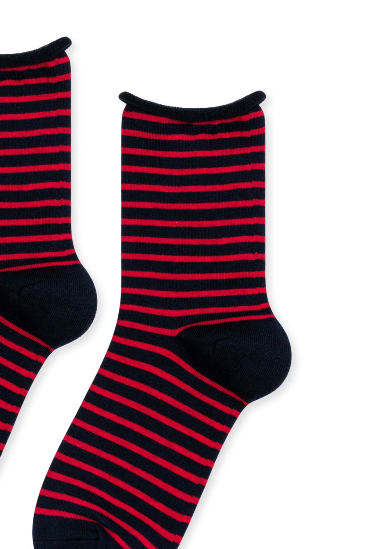 Two black socks with red horizontal stripes, presented at a slightly angled view against a white background. These Nautical Stripe Crew Socks by Hansel From Basel feature spirited prints that add a playful touch to your wardrobe.-35710951555265