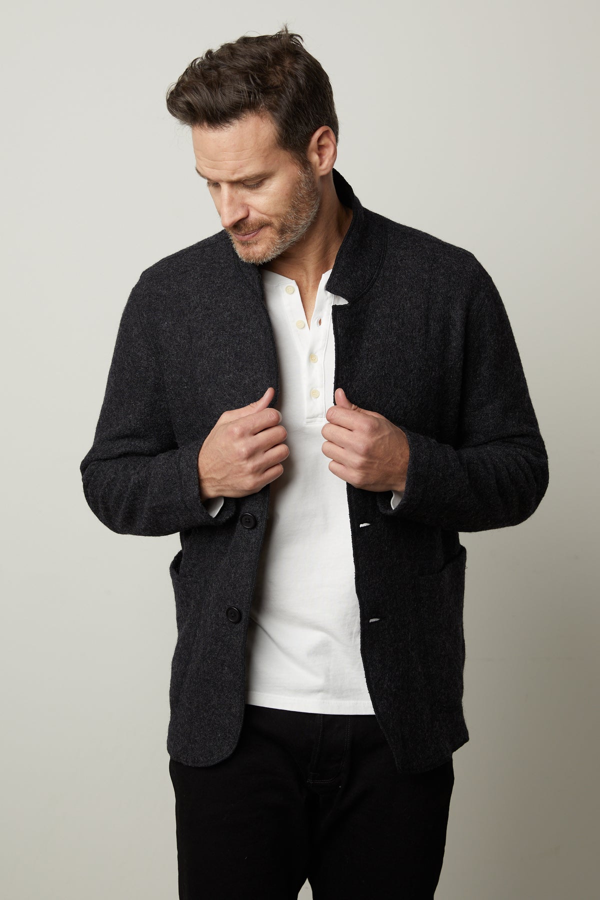 A versatile man in a Velvet by Graham & Spencer Bowen Boiled Wool Blend Jacket.