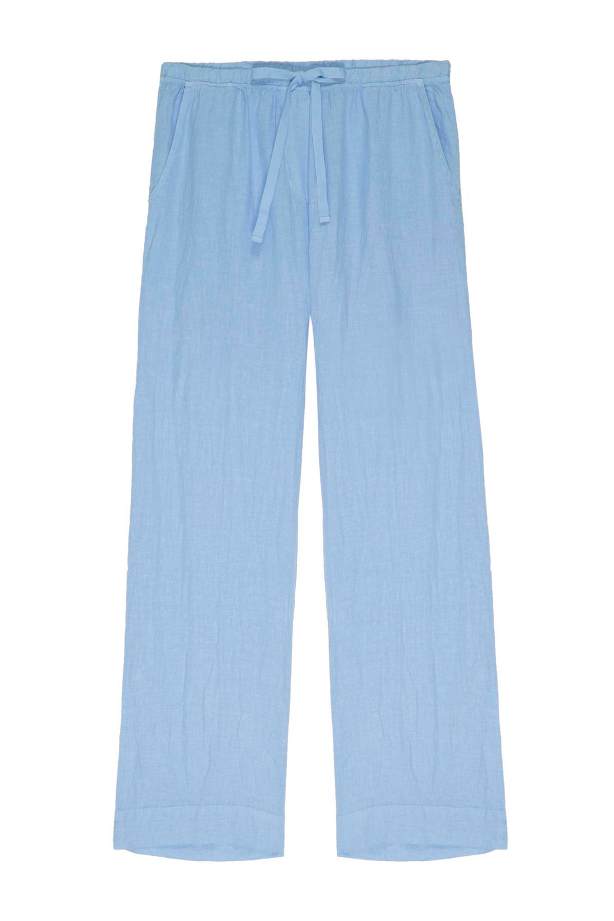 Light blue relaxed fit PICO LINEN PANTS with a drawstring waist, displayed against a white background by Velvet by Jenny Graham.