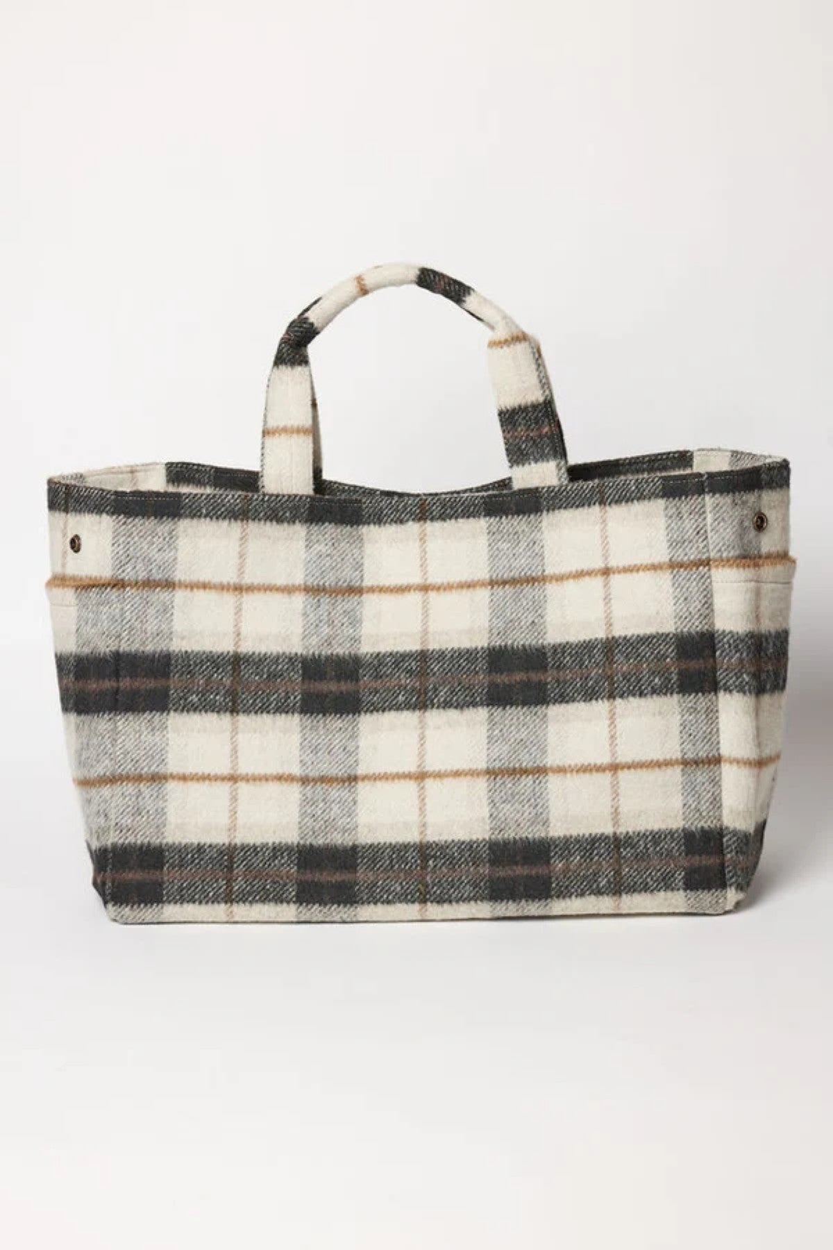 The PLAID TOTE by Velvet by Graham & Spencer is a rectangular plaid bag in black, white, and beige, made from a polyester wool blend with two short handles and side snap closures—ideal as a stylish weekender. Displayed on a plain background.-40099847733441