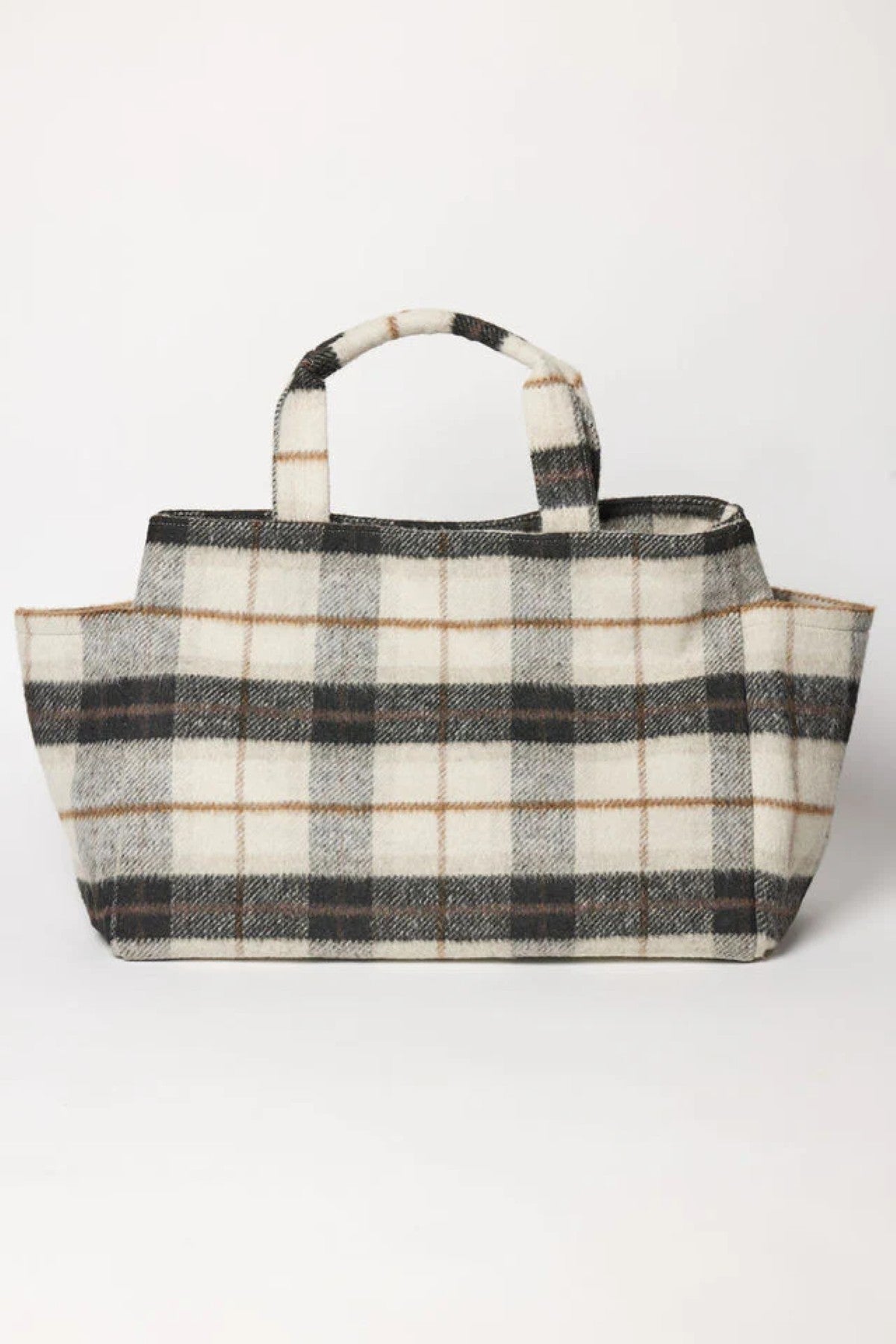 The PLAID TOTE by Velvet by Graham & Spencer is a rectangular bag with two handles, crafted from a durable polyester wool blend in cream, grey, and brown, shown against a plain background.