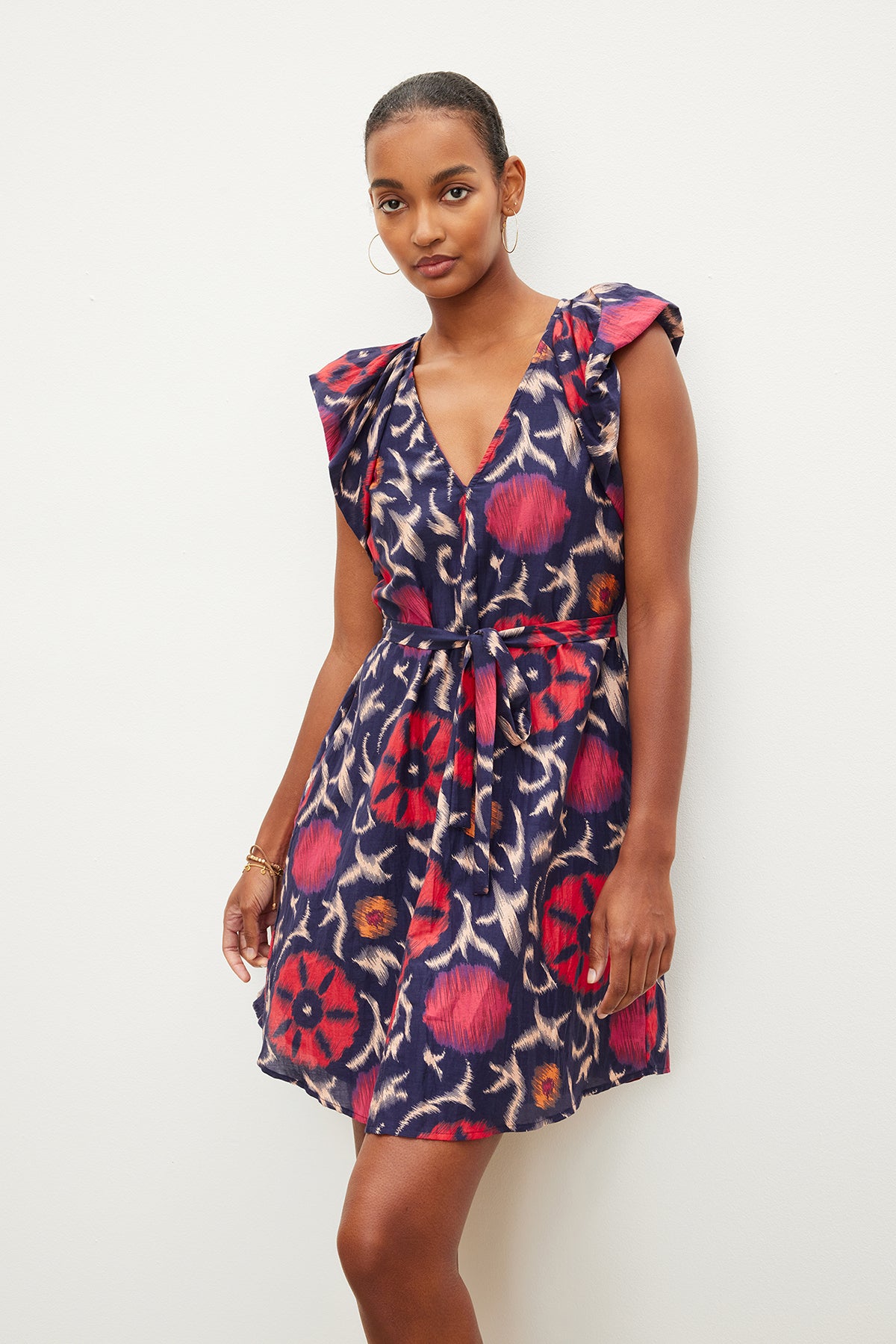 A woman wearing a Jenna Printed Silk Cotton Voile Dress from Velvet by Graham & Spencer.-35982544765121