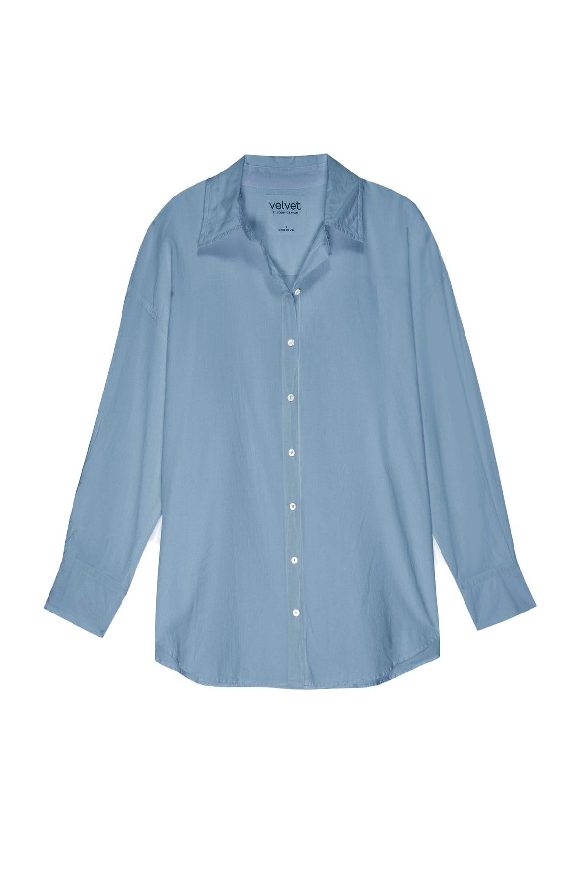 An oversized women's blue cotton REDONDO BUTTON-UP SHIRT with drop shoulder style by Velvet by Jenny Graham.-36212517077185