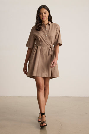 A woman wears the Velvet by Graham & Spencer DRIANA DRESS, a tan cotton poplin style with a detachable belt, paired with black sandals. She stands on a light floor against an off-white background.