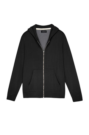 The RODAN HOODIE by Velvet by Graham & Spencer is a black luxe fleece zip-up with a hood and front pockets, perfect as a cozy workout layer, shown on a plain white background.