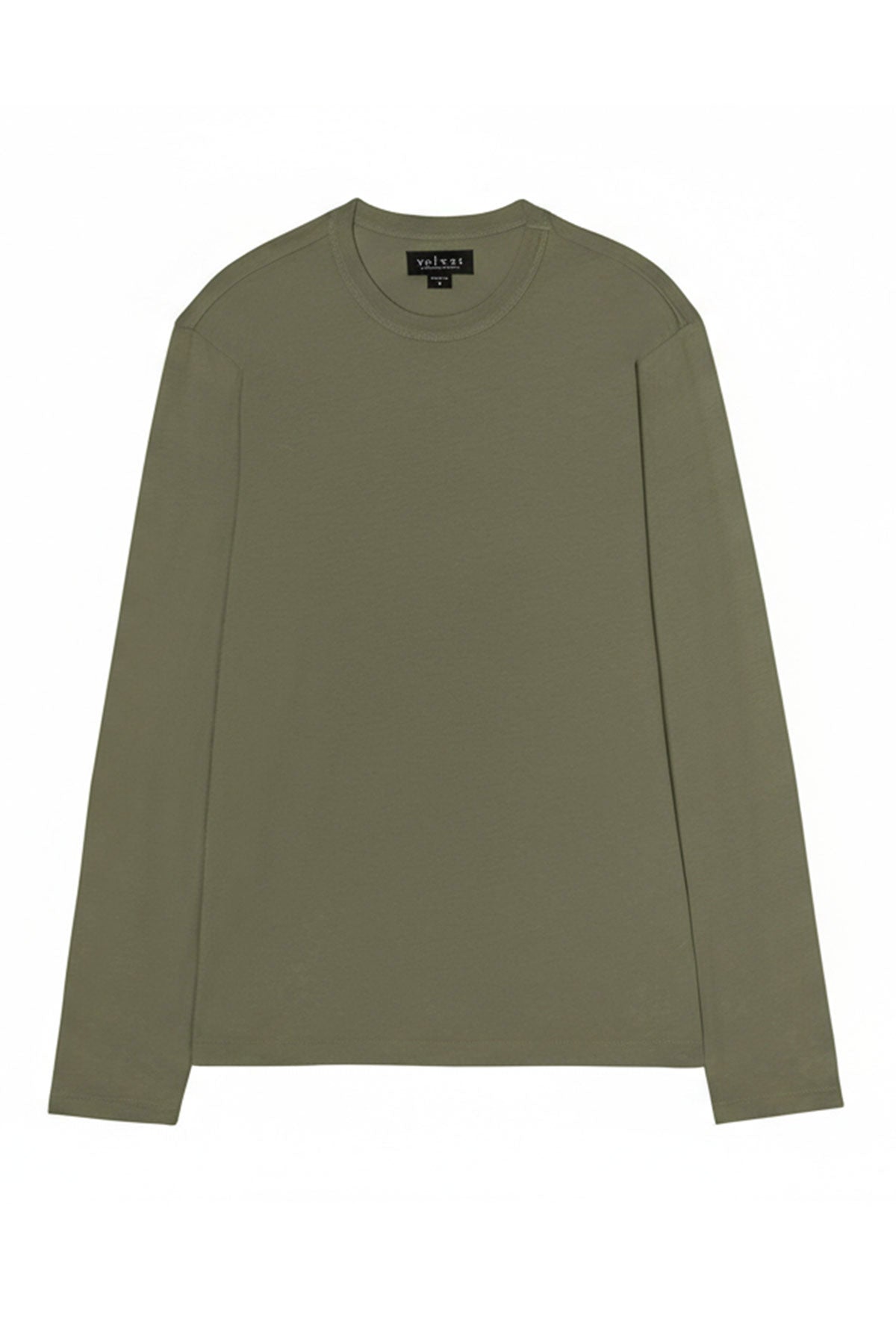 The ROWLAND TEE by Velvet by Graham & Spencer, a plain olive green long-sleeve Pima jersey top, is shown laid flat on a white background.-40148457783489