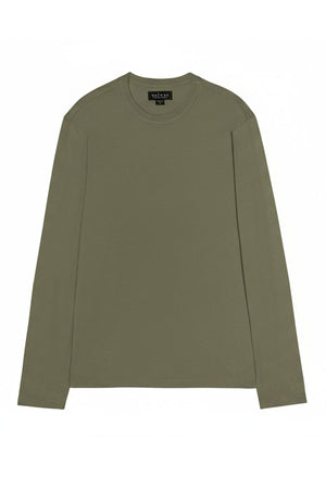 The ROWLAND TEE by Velvet by Graham & Spencer, a plain olive green long-sleeve Pima jersey top, is shown laid flat on a white background.