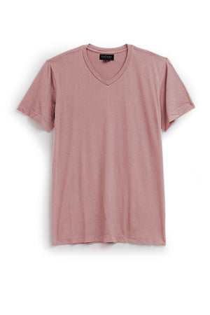 The SAMSEN TEE by Velvet by Graham & Spencer is a soft Pima jersey short-sleeve light mauve v-neck, shown on a white background—ideal for everyday wear.