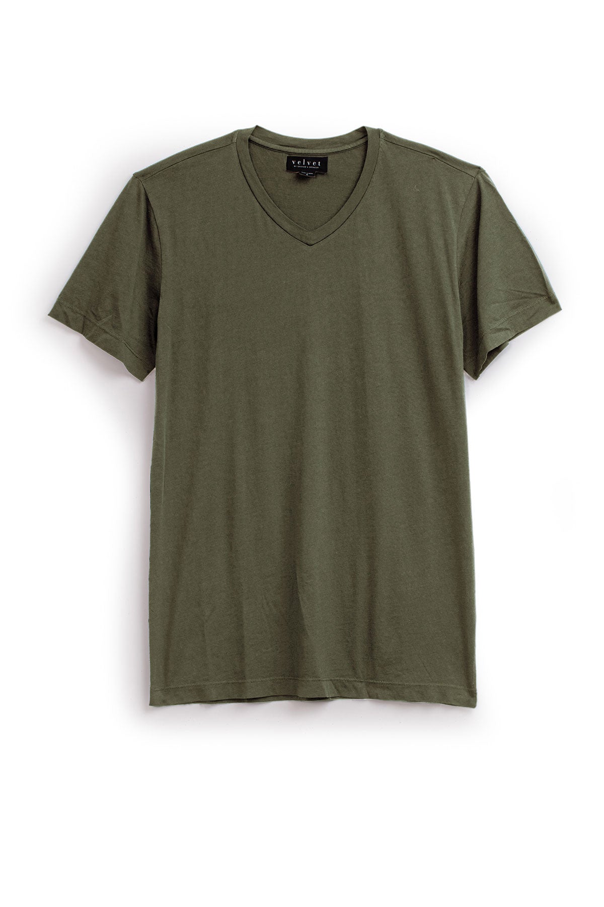 The SAMSEN TEE by Velvet by Graham & Spencer is a plain olive green short-sleeve V-neck Pima jersey top, shown flat on a white background—ideal for everyday wear.-40148007125185