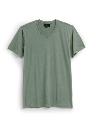 The SAMSEN TEE by Velvet by Graham & Spencer is showcased against a white backdrop. This green T-shirt, made from soft Pima jersey, features a classic V-neckline and is ideal for layering with your favorite outfits.