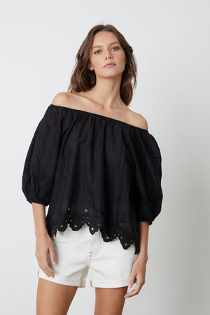 Black ABIGAIL SCHIFFLI EYELET BLOUSE by Velvet by Graham & Spencer.