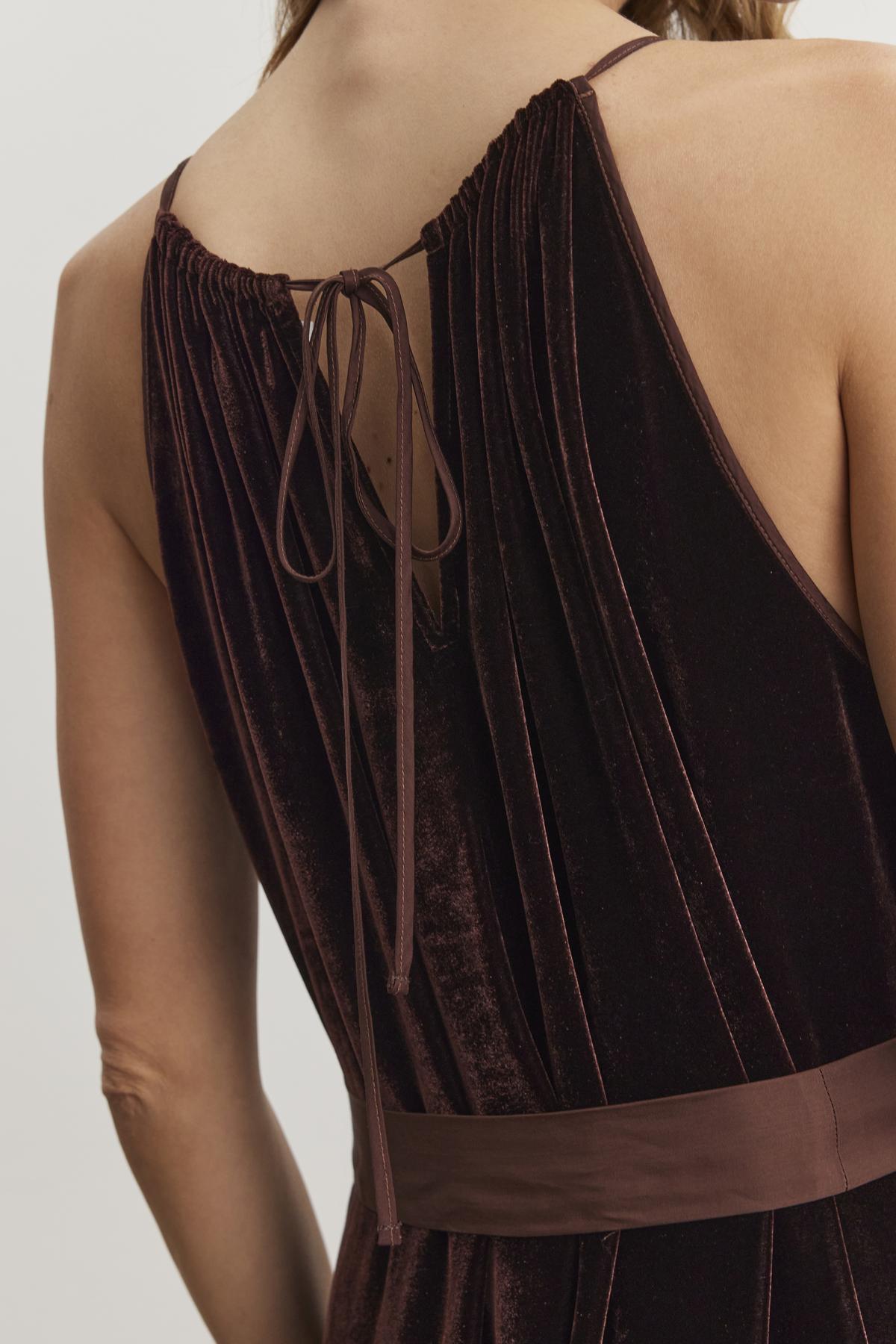 Individual dressed in a CIENNA Silk Velvet Jumpsuit by Velvet by Graham & Spencer featuring a tied back detail.-38246397444289