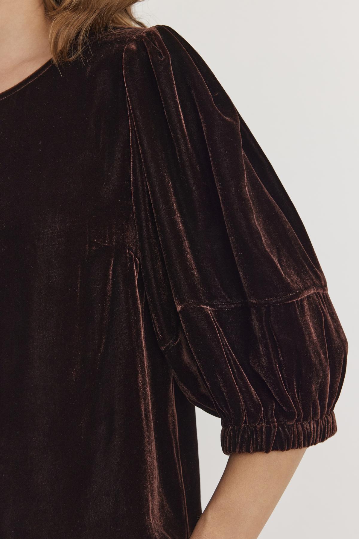 Close-up of someone wearing the NANCY SILK VELVET TOP by Velvet by Graham & Spencer, featuring puffed sleeves, a shirred shoulder, and gathered cuffs.-38246590283969