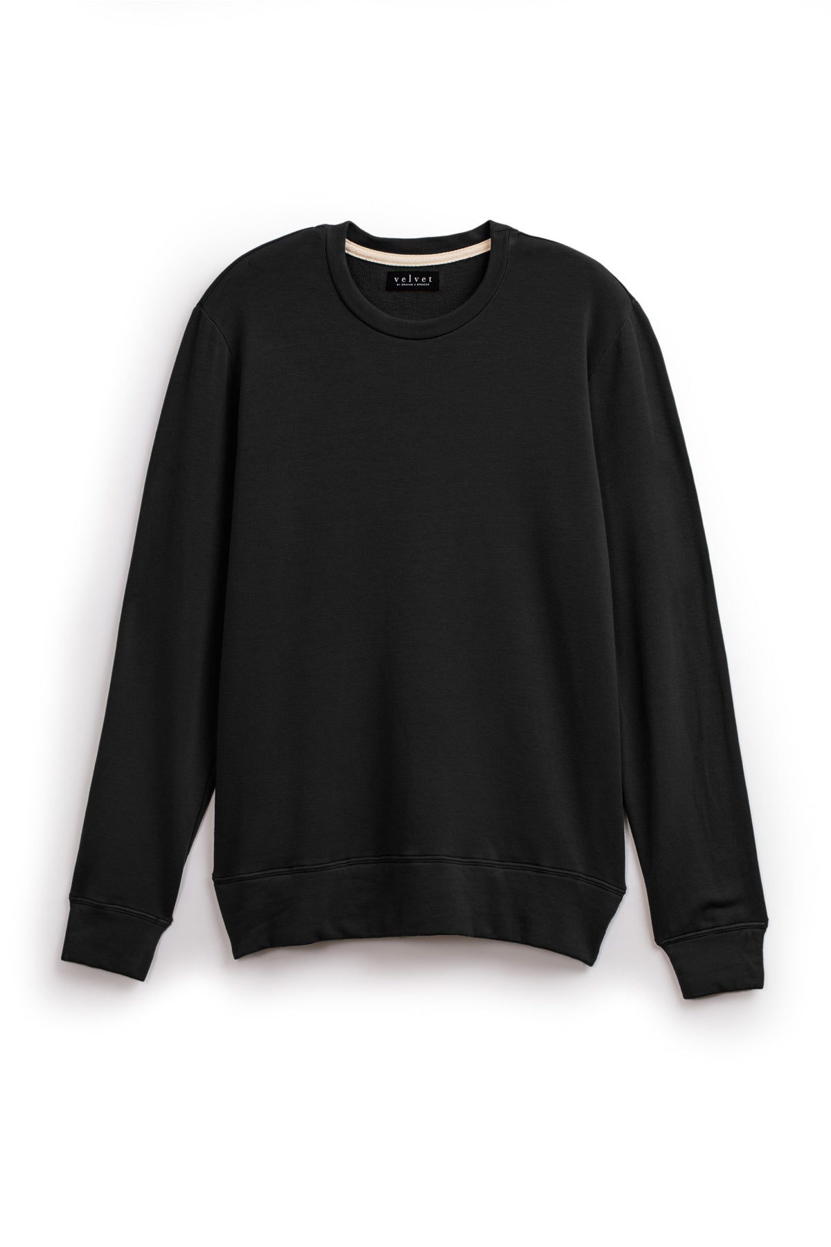 The SOREN PULLOVER by Velvet by Graham & Spencer is a black crewneck sweatshirt with long sleeves and a cozy brushed interior, shown laid flat on a white background.