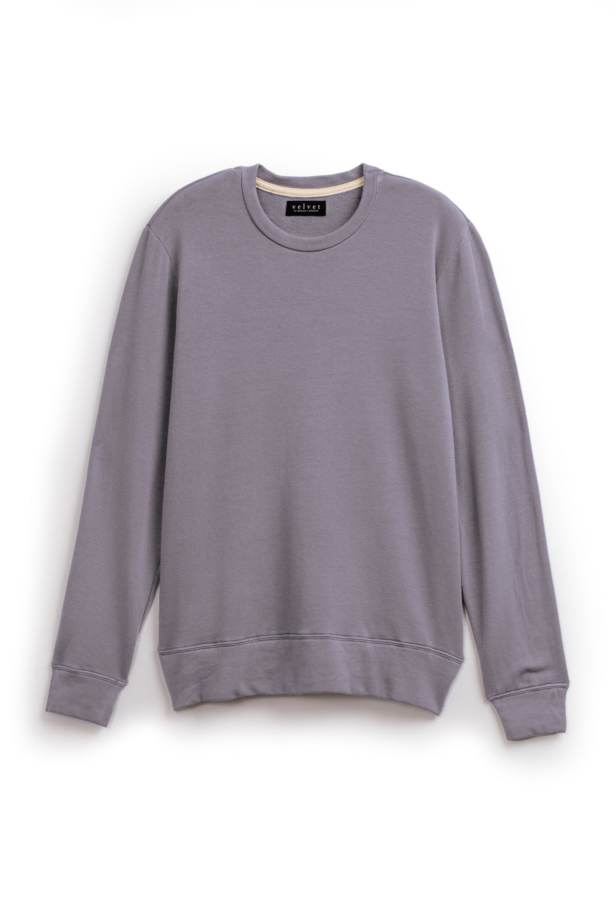 The SOREN PULLOVER by Velvet by Graham & Spencer is a light gray crew neck sweatshirt with long sleeves and a cozy brushed interior, shown laid flat on a white background.