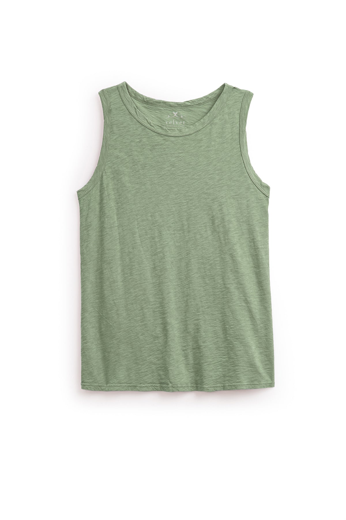 A green TAURUS TANK TOP from Velvet by Graham & Spencer with a round neckline, crafted from textured cotton slub, making it a versatile staple for any wardrobe.-35982876442817