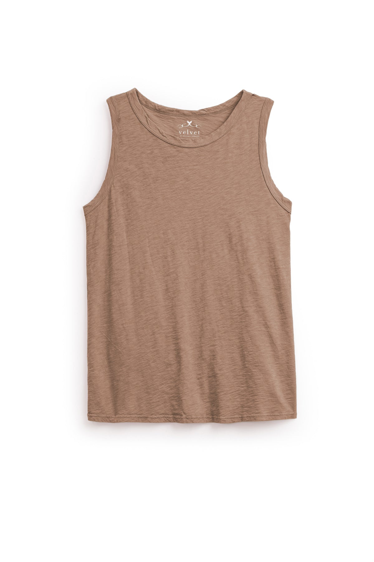 The TAURUS TANK TOP by Velvet by Graham & Spencer is a sleeveless, light brown crew neck made from textured cotton slub with tailored armholes, shown laid flat on a white background.