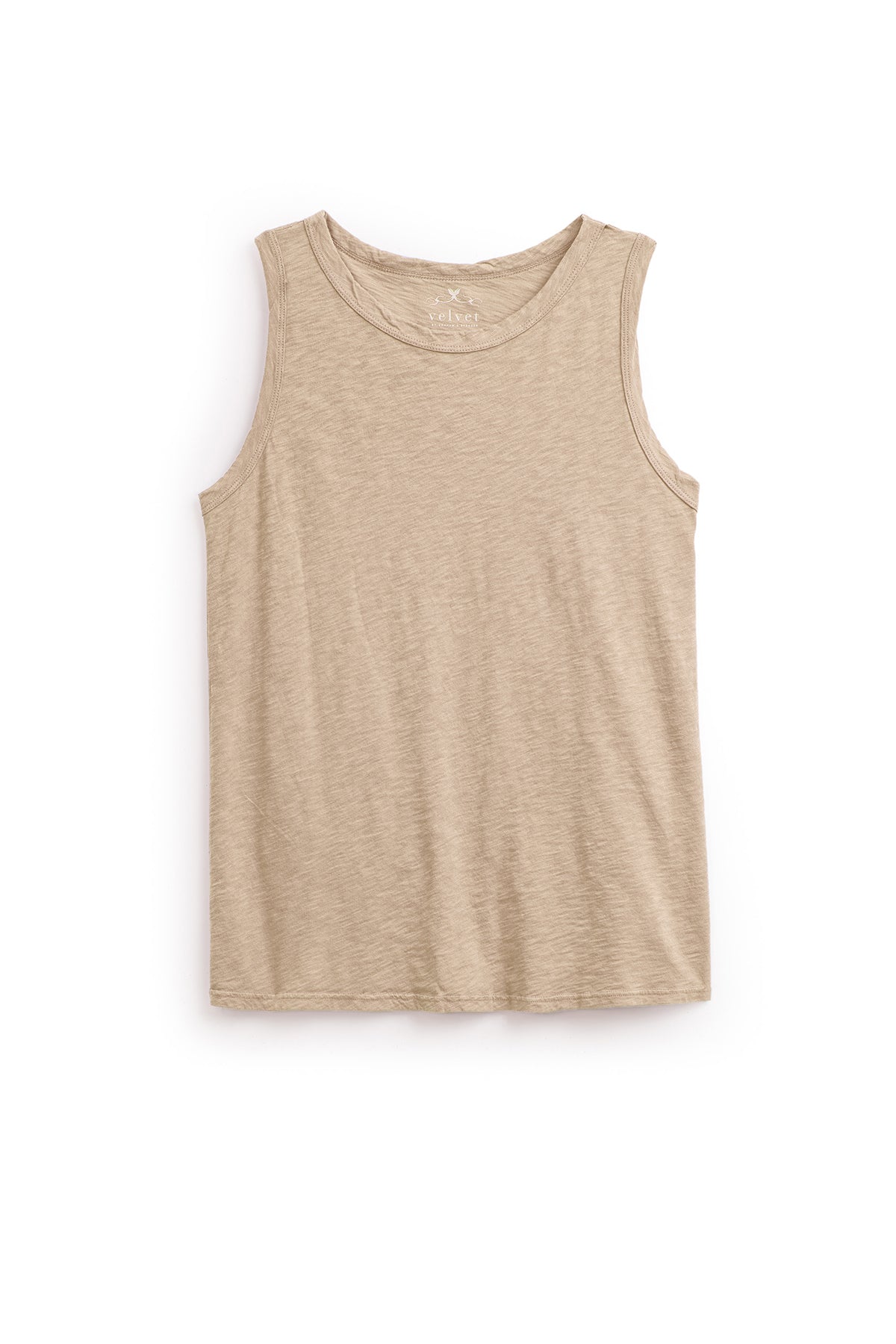 Beige sleeveless TAURUS TANK TOP crafted from textured cotton slub on a white background, showcasing a timeless crew neck, making it a versatile staple for any wardrobe by Velvet by Graham & Spencer.-36909438730433