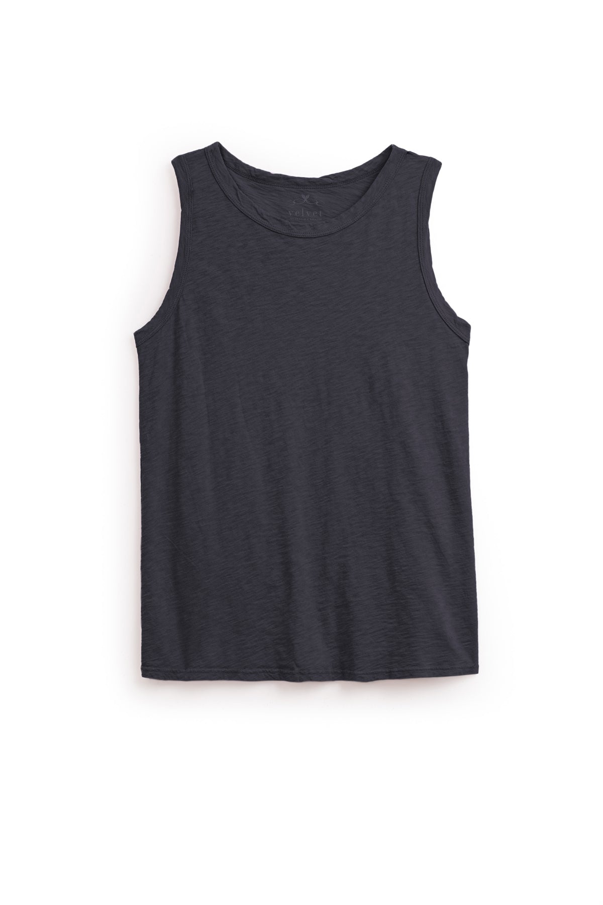The TAURUS TANK TOP by Velvet by Graham & Spencer is a sleeveless, dark gray crew neck made from textured cotton slub, shown laid flat on a white background.