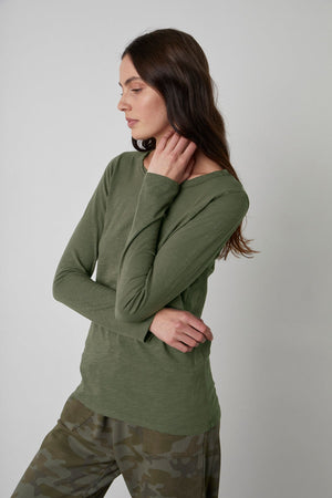 Lizzie Original Slub Long Sleeve Tee in olive side & front