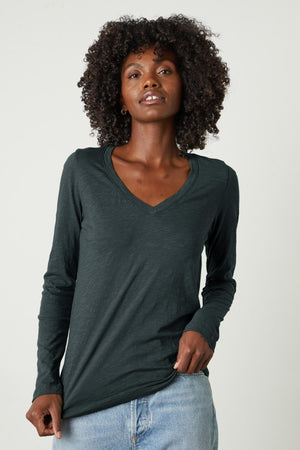 The BLAIRE ORIGINAL SLUB TEE in dark green, a forever piece, by Velvet by Graham & Spencer.