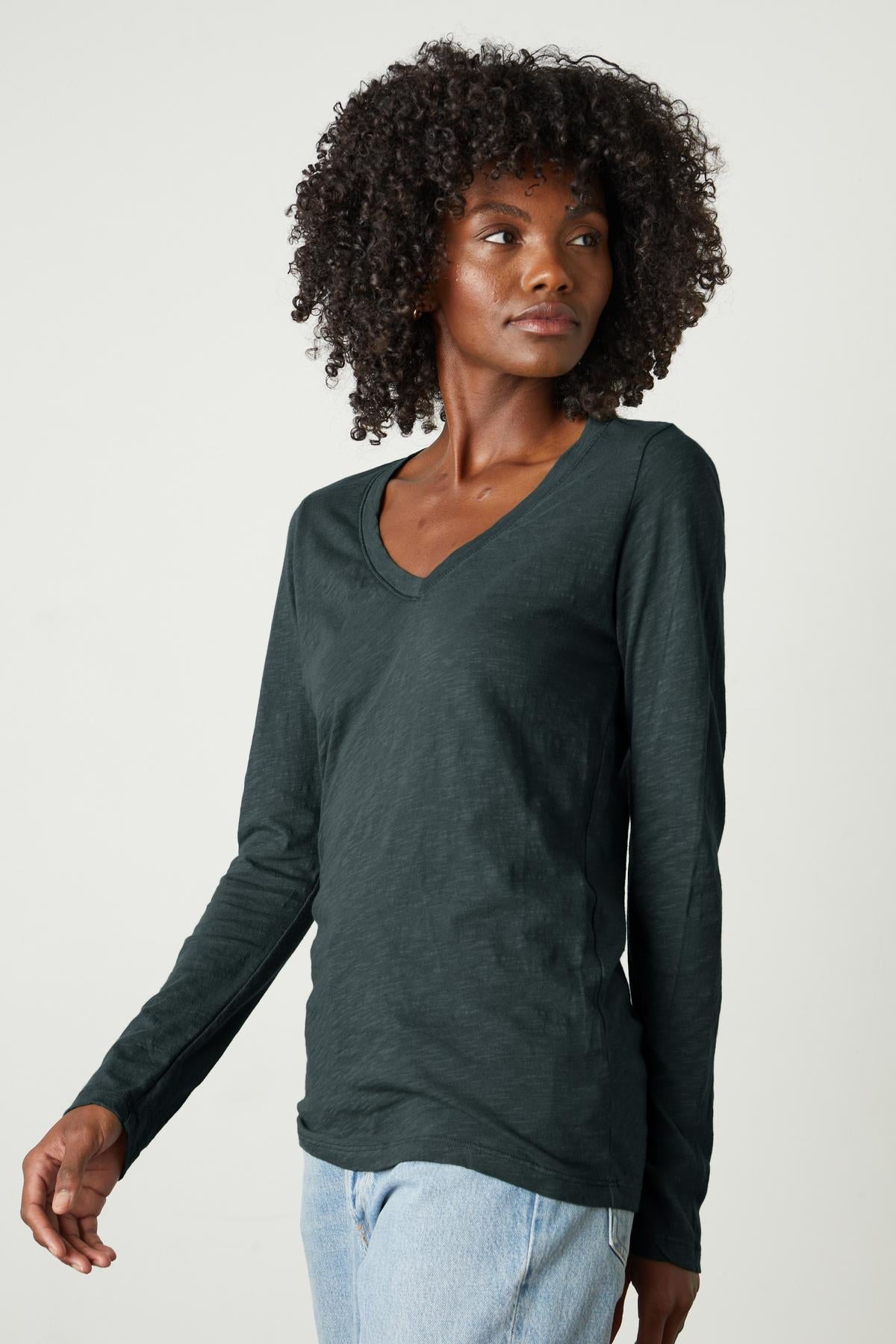 A woman wearing a Velvet by Graham & Spencer Blaire Original Slub Tee.-35782759416001