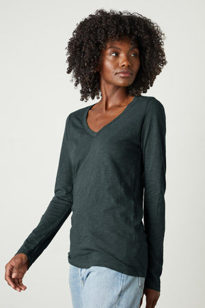 A woman wearing a Velvet by Graham & Spencer Blaire Original Slub Tee.