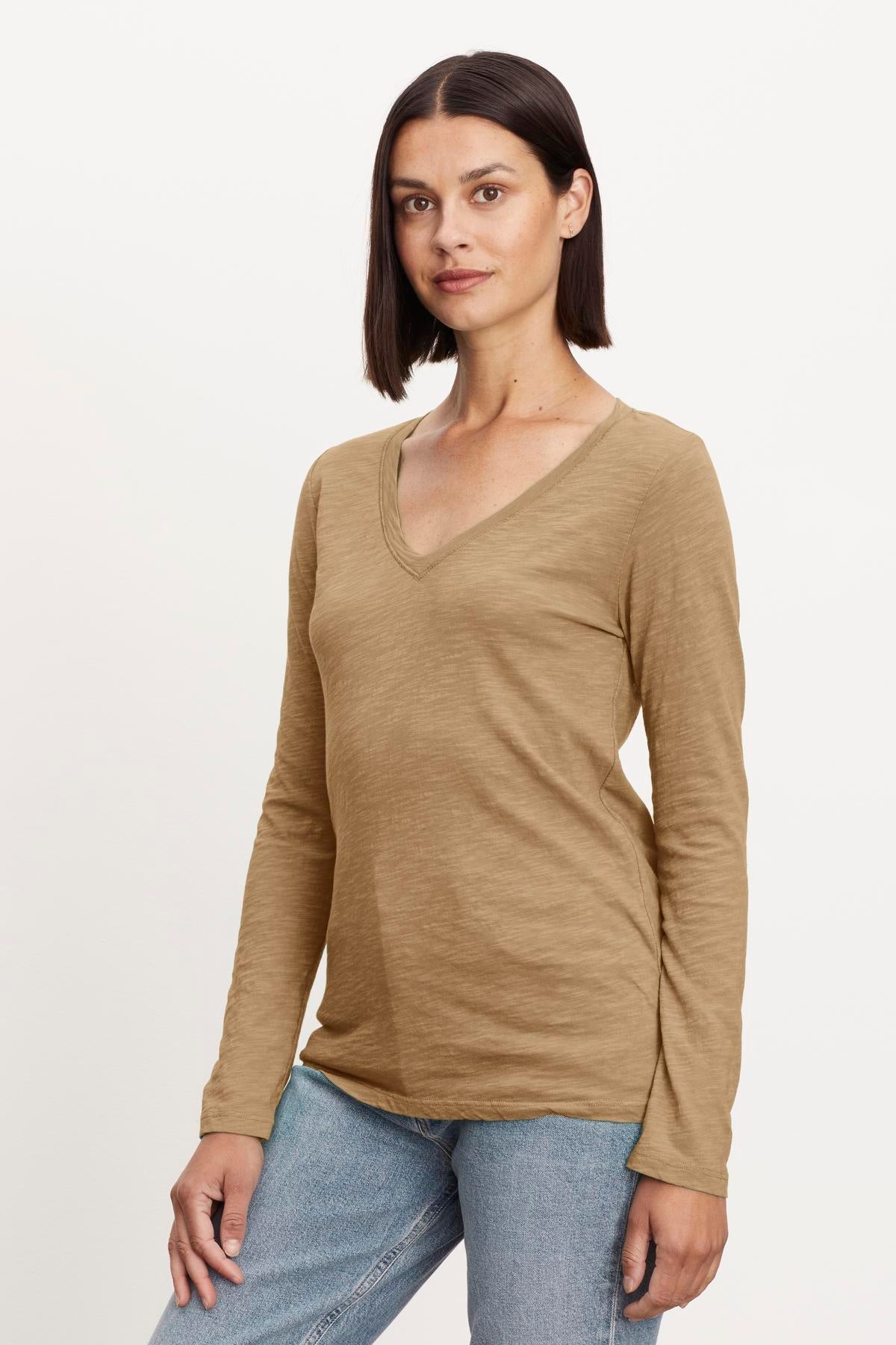 A woman wearing a Velvet by Graham & Spencer Blaire Original Slub Tee.