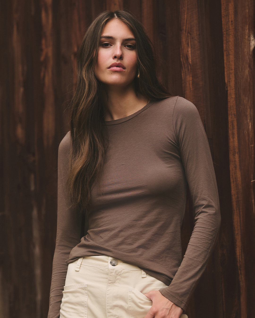 A woman wearing the Zofina Tee in Malt by Velvet by Graham & Spencer.