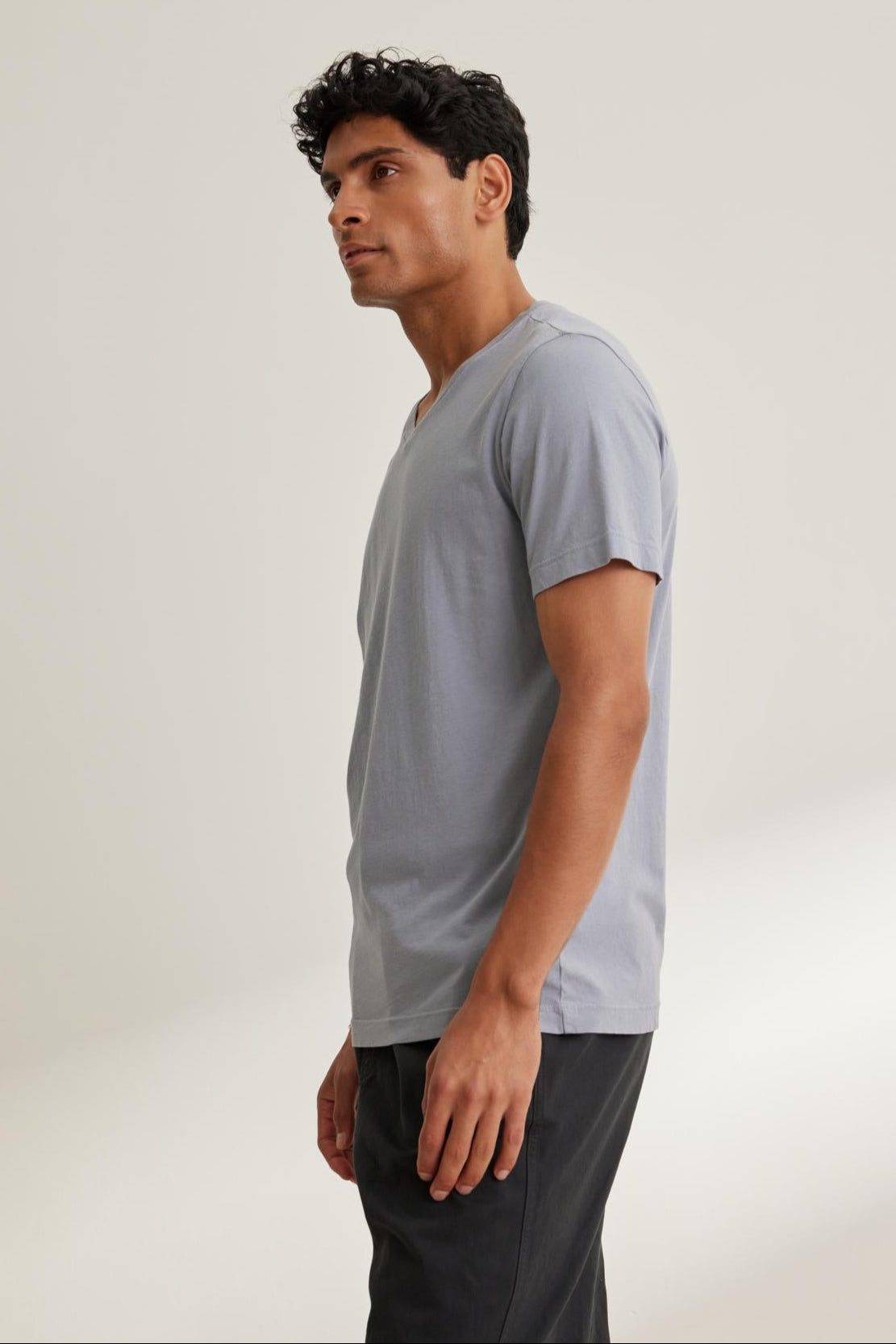A person in a light gray SAMSEN TEE by Velvet by Graham & Spencer and dark pants stands against a plain background, looking to the side.