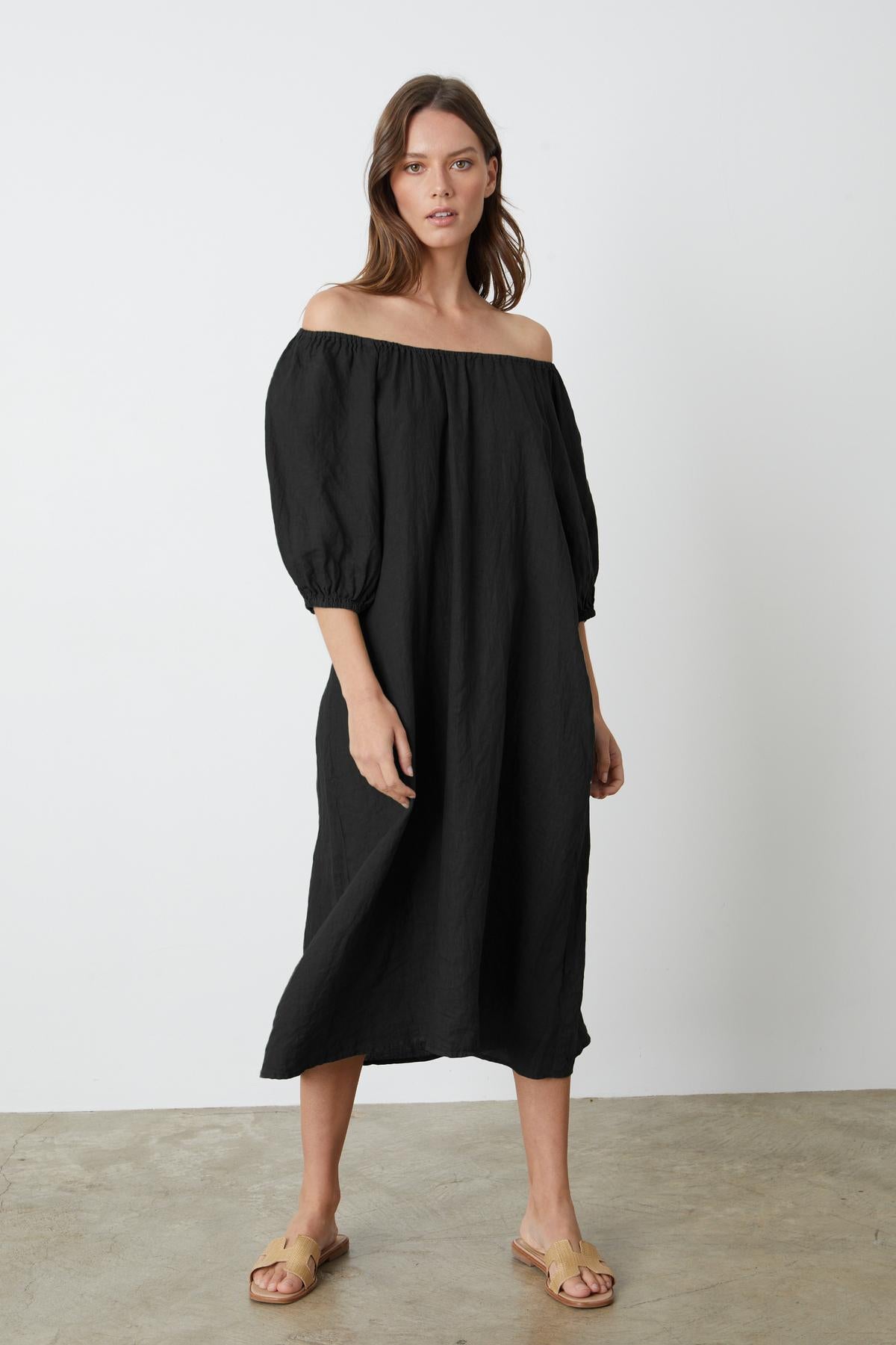 Off the shoulder ELLY LINEN MIDI DRESS by Velvet by Graham & Spencer.-35201176207553