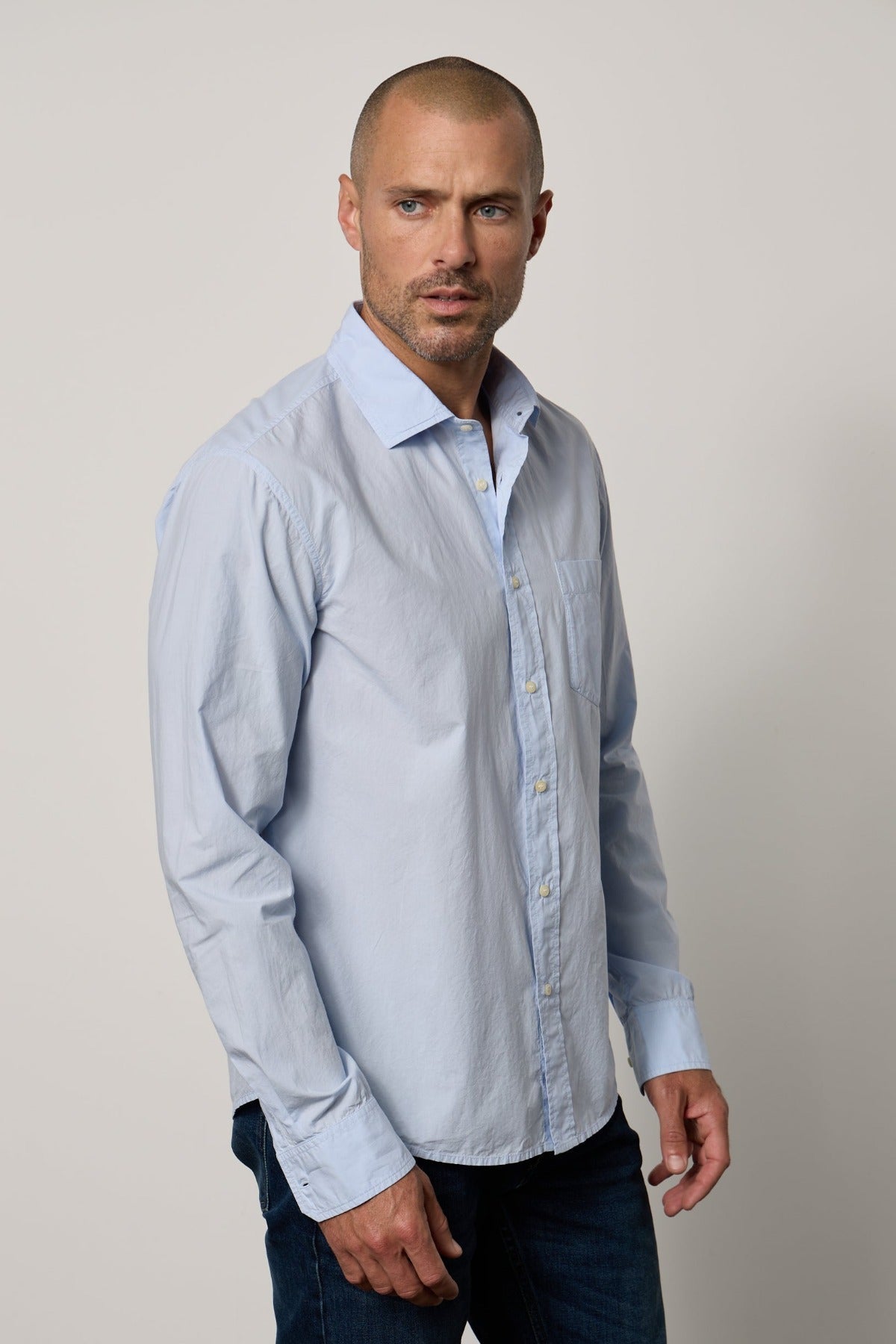Brooks Button-Up Shirt in mist blue with dark blue denim front & side-35206296010945