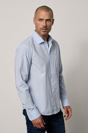 Brooks Button-Up Shirt in mist blue with dark blue denim front & side