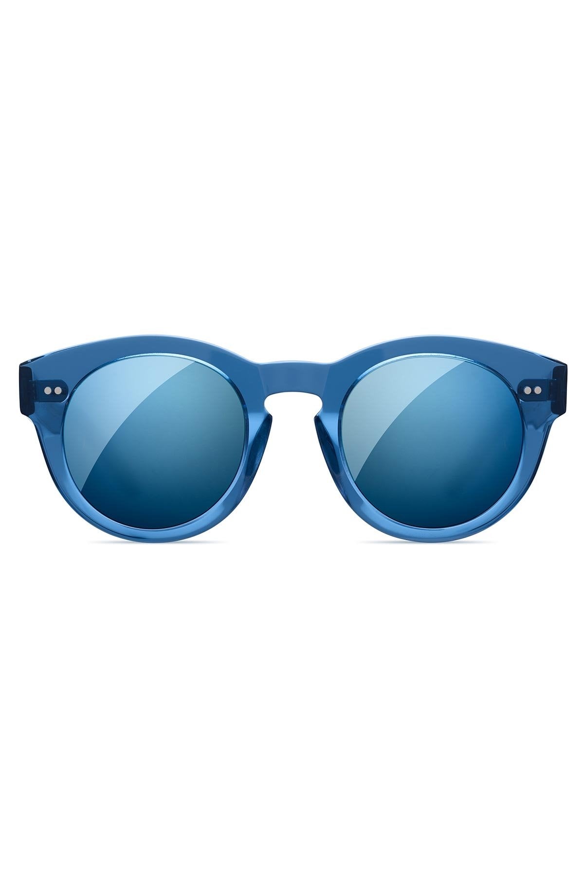 The CHIMI EYEWEAR 003 by Chimi features blue round mirrored lenses and a thick blue frame, reflecting European-made quality. These unisex sunglasses are shown on a white background.
