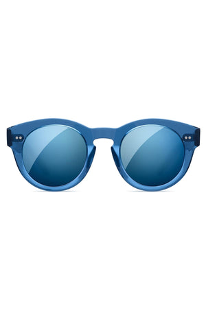 The CHIMI EYEWEAR 003 by Chimi features blue round mirrored lenses and a thick blue frame, reflecting European-made quality. These unisex sunglasses are shown on a white background.