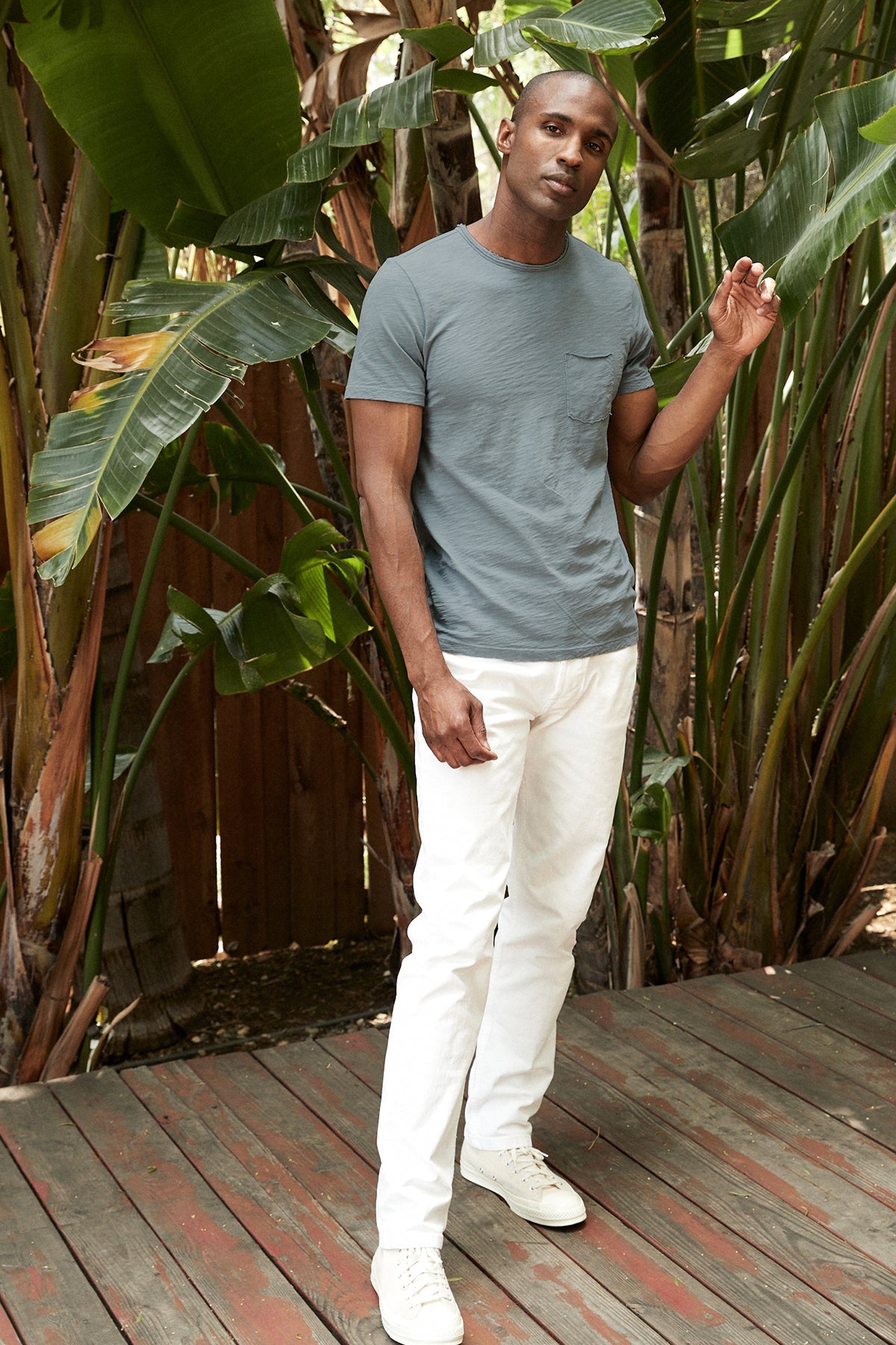 Chad Raw Edge Cotton Slub Pocket Tee in Chambray Blue Front with White Denim 2-25792954302657