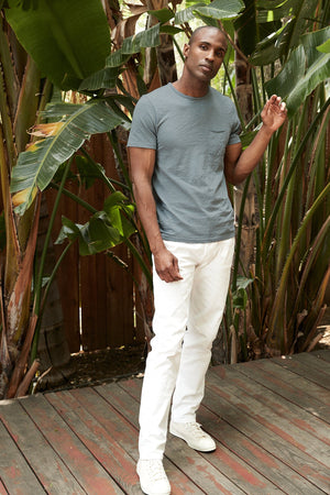 Chad Raw Edge Cotton Slub Pocket Tee in Chambray Blue Front with White Denim 2