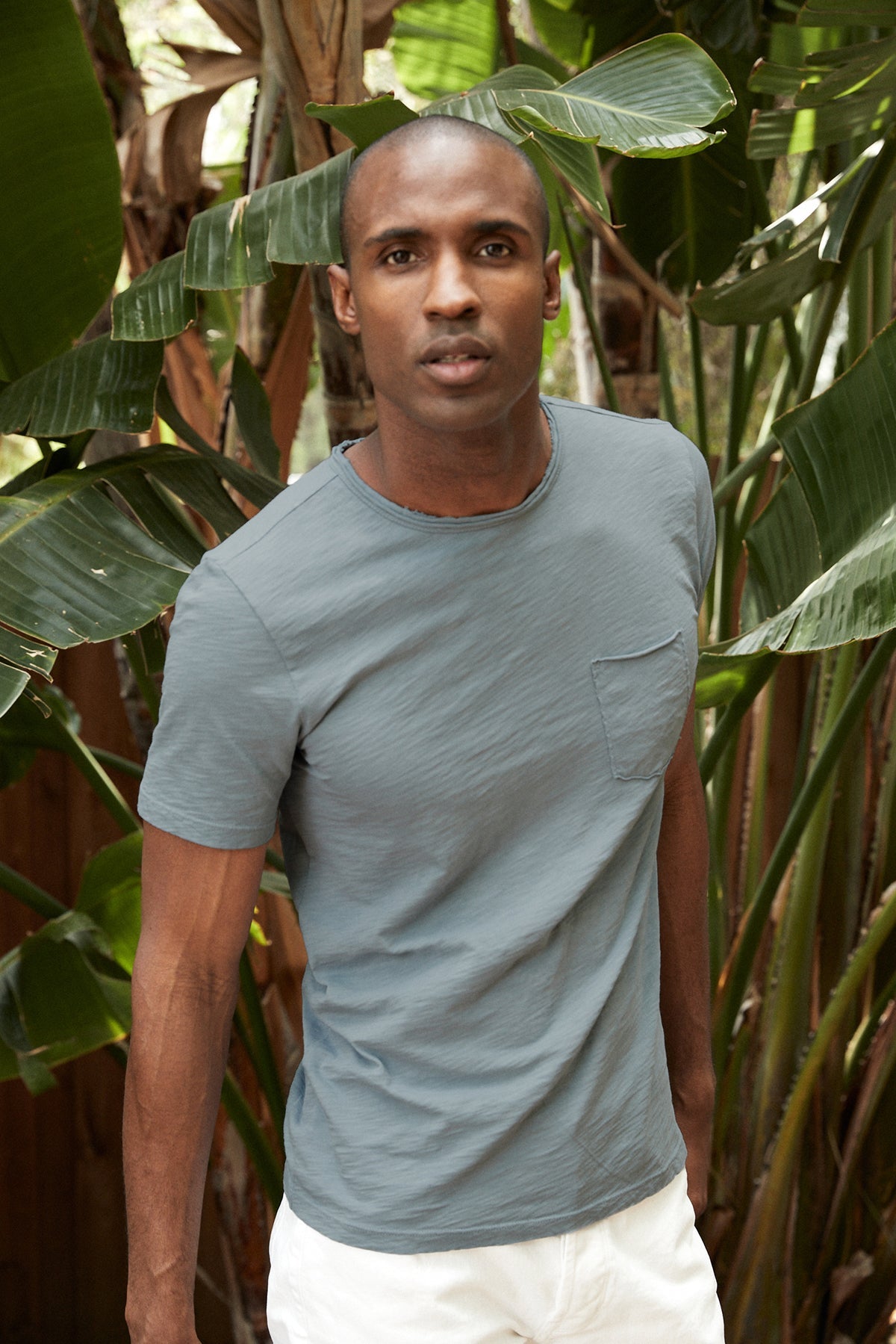 Chad Raw Edge Cotton Slub Pocket Tee in Chambray Blue Front with White Denim -25792954269889